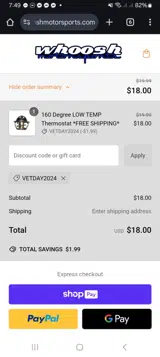 Whoosh Motorsports coupon verification screenshot