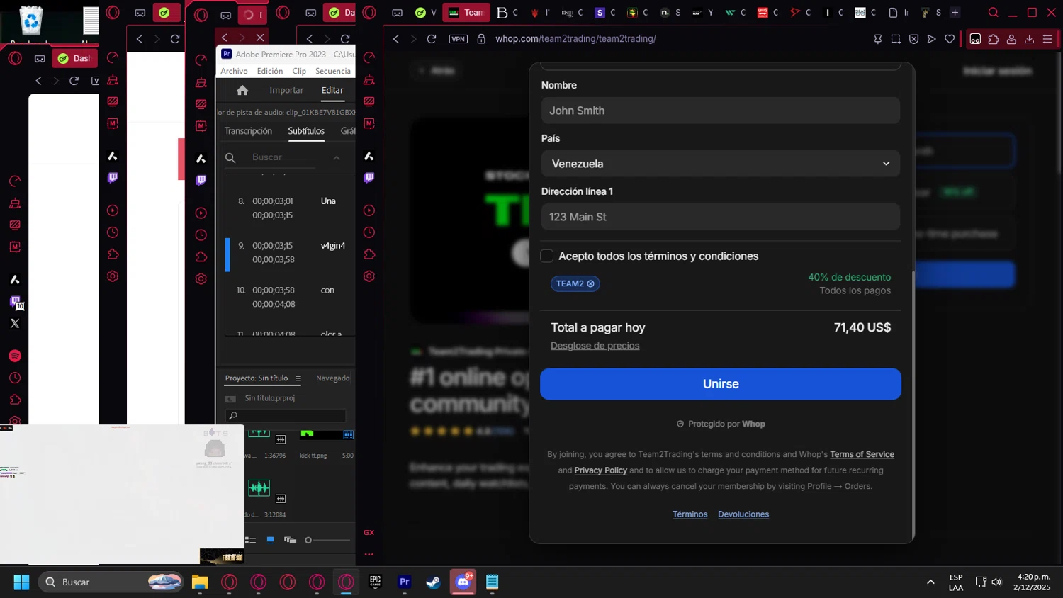 Whop promo code screenshot showing code TEAM2 applied at Whop checkout page. Uploaded by SimplyCodes community member Handivlak on Dec 2, 2025