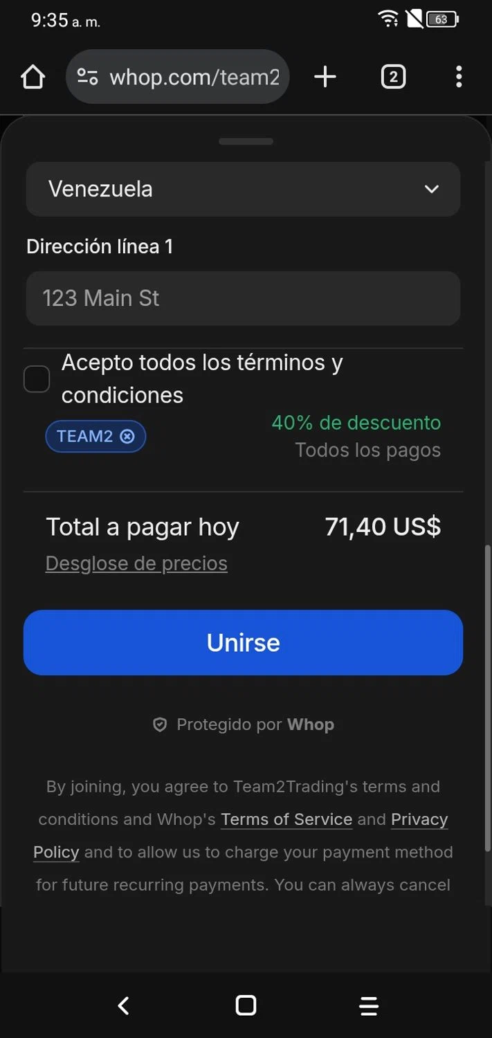 Whop promo code screenshot showing code TEAM2 applied at Whop checkout page. Uploaded by SimplyCodes community member RoyalSpotter5217 on Nov 17, 2025