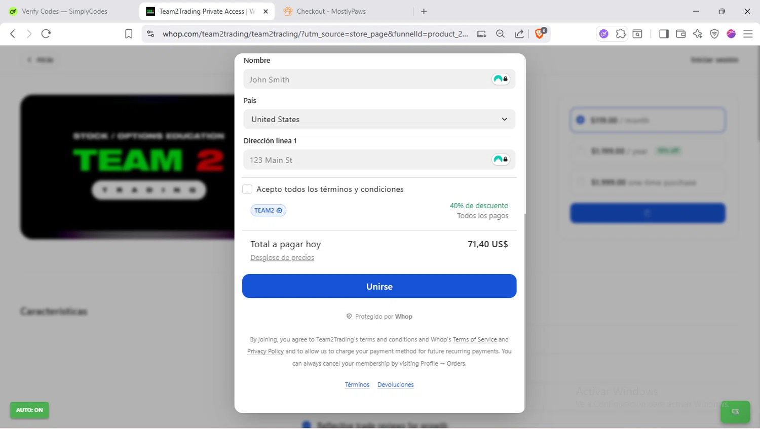 Whop promo code screenshot showing code TEAM2 applied at Whop checkout page. Uploaded by SimplyCodes community member SapeGato on Oct 19, 2025