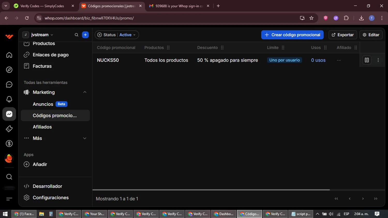 Whop promo code screenshot showing code NUCKS50 applied at Whop checkout page. Uploaded by SimplyCodes community member snidertom8 on Feb 20, 2026