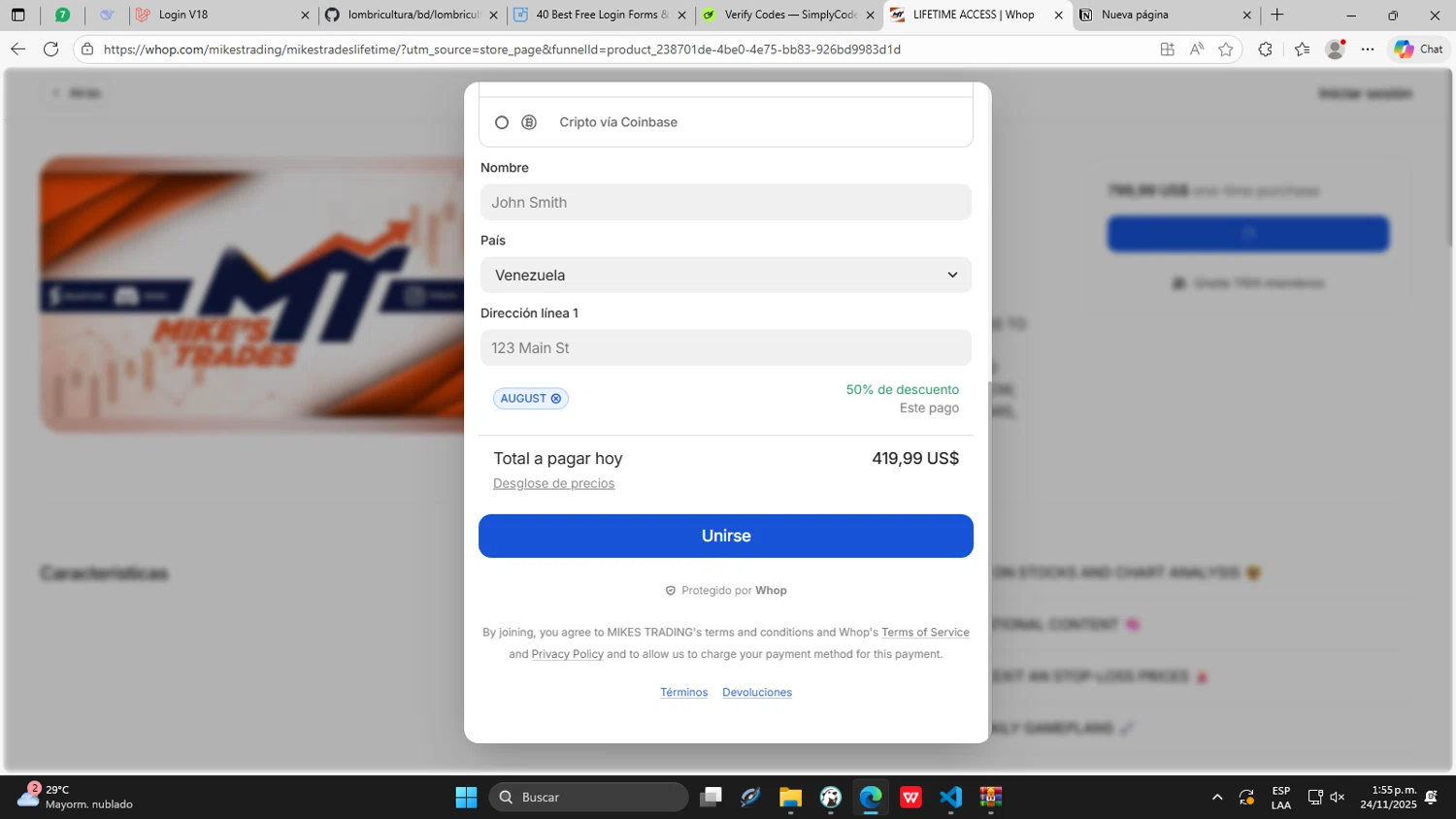 Whop promo code screenshot showing code AUGUST applied at Whop checkout page. Uploaded by SimplyCodes community member DaniTsu on Nov 24, 2025