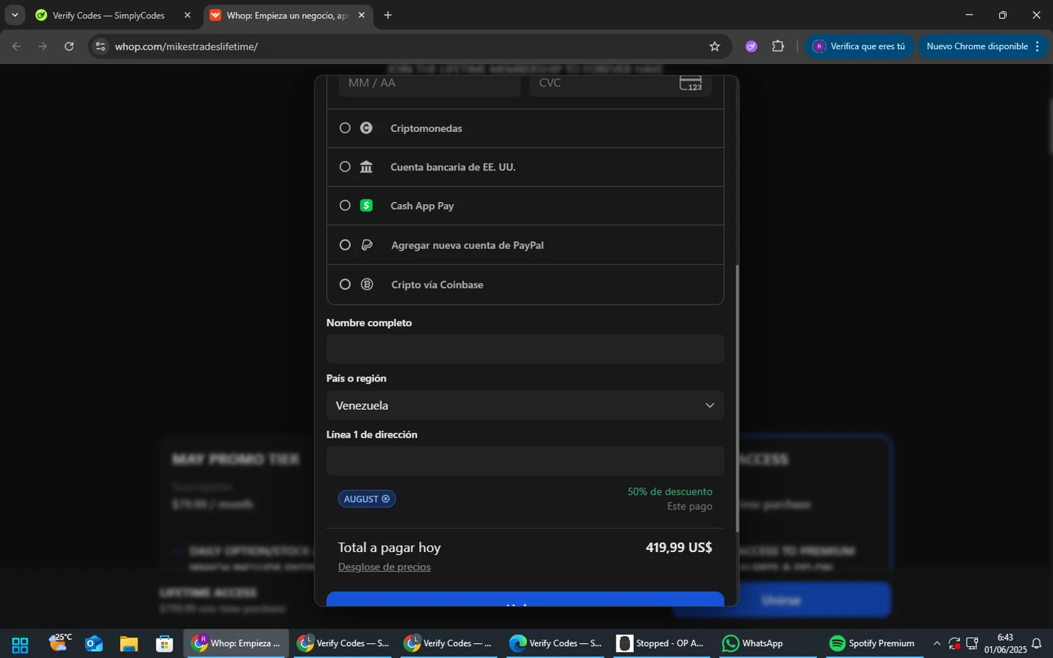 Whop promo code screenshot showing code AUGUST applied at Whop checkout page. Uploaded by SimplyCodes community member TokenFox2691 on Jun 1, 2025