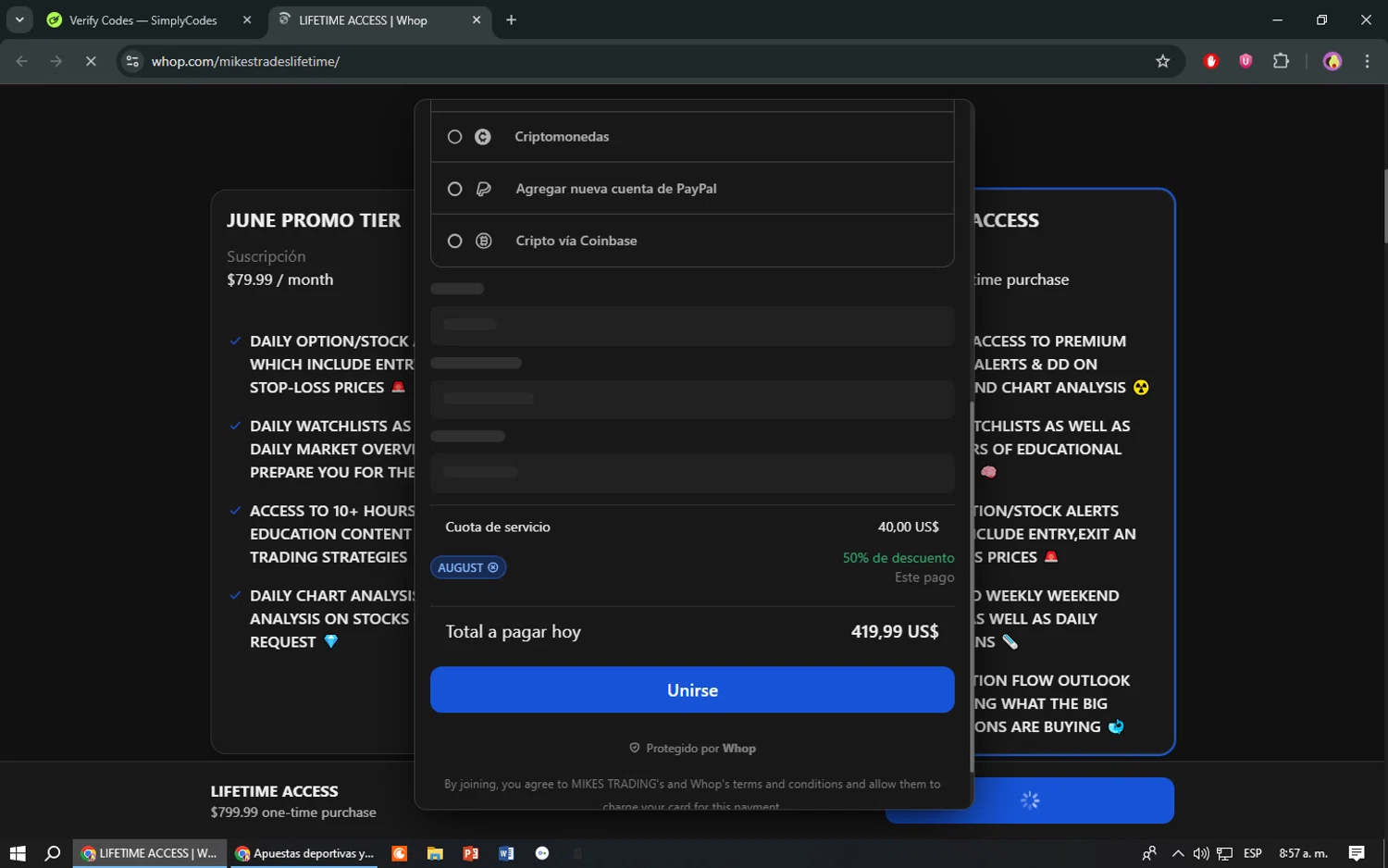 Whop promo code screenshot showing code AUGUST applied at Whop checkout page. Uploaded by SimplyCodes community member TreasureShopper9156 on Jun 10, 2025
