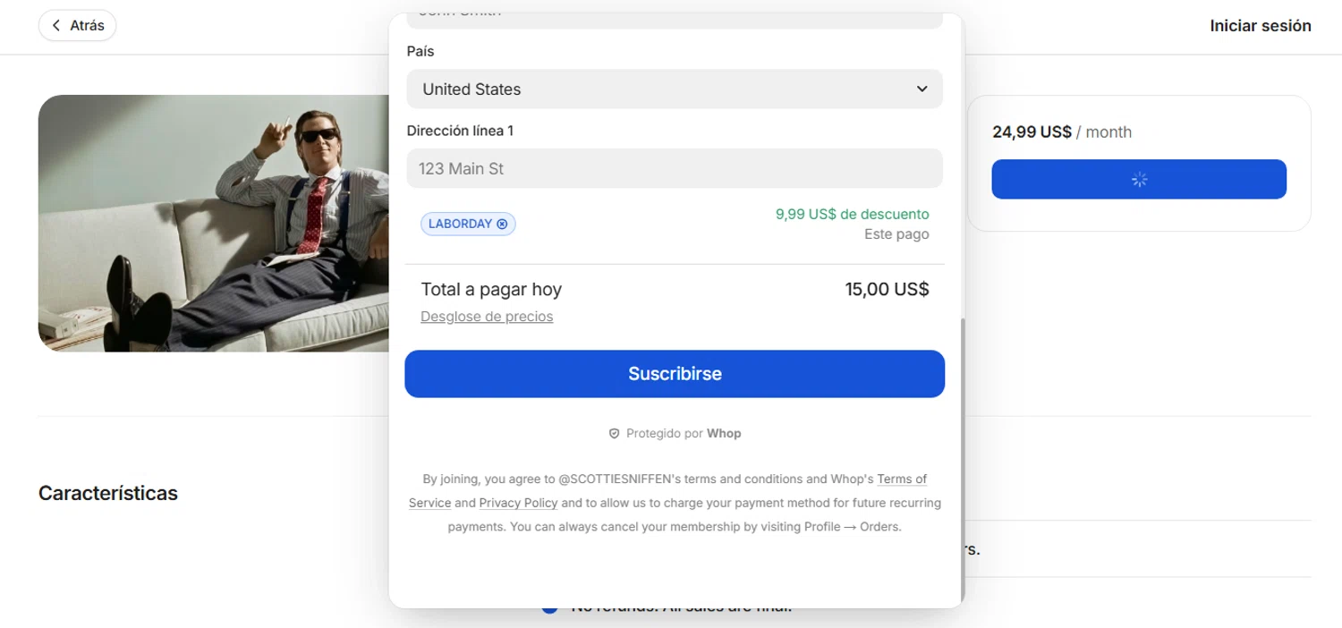 Whop promo code screenshot showing code Laborday applied at Whop checkout page. Uploaded by SimplyCodes community member CashAce9852 on Nov 13, 2025