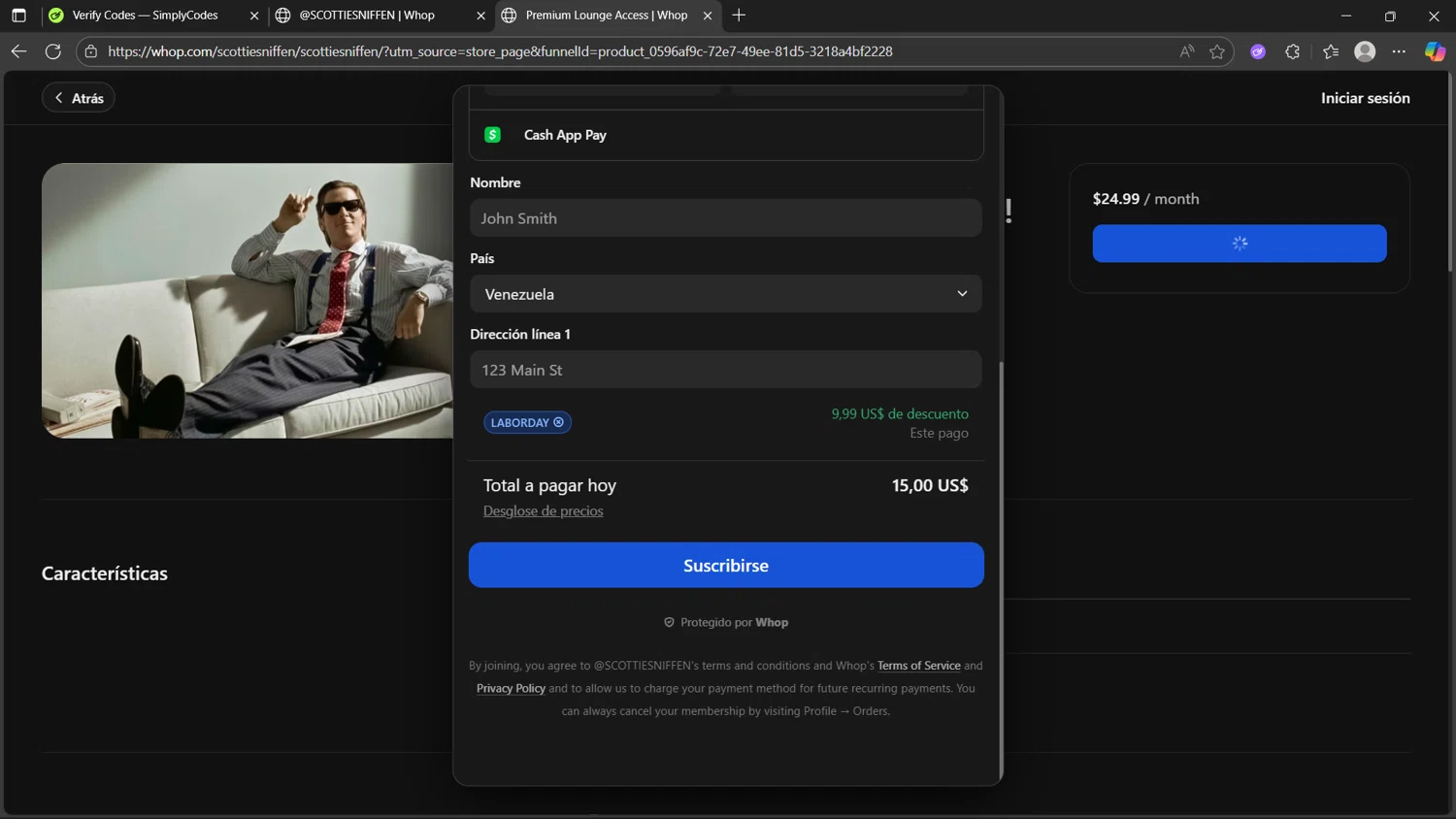 Whop promo code screenshot showing code Laborday applied at Whop checkout page. Uploaded by SimplyCodes community member Morticia on Oct 17, 2025