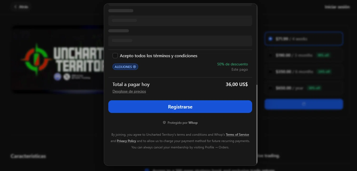 Whop promo code screenshot showing code ALEXJONES applied at Whop checkout page. Uploaded by SimplyCodes community member MagnificentCurator5441 on Oct 10, 2025
