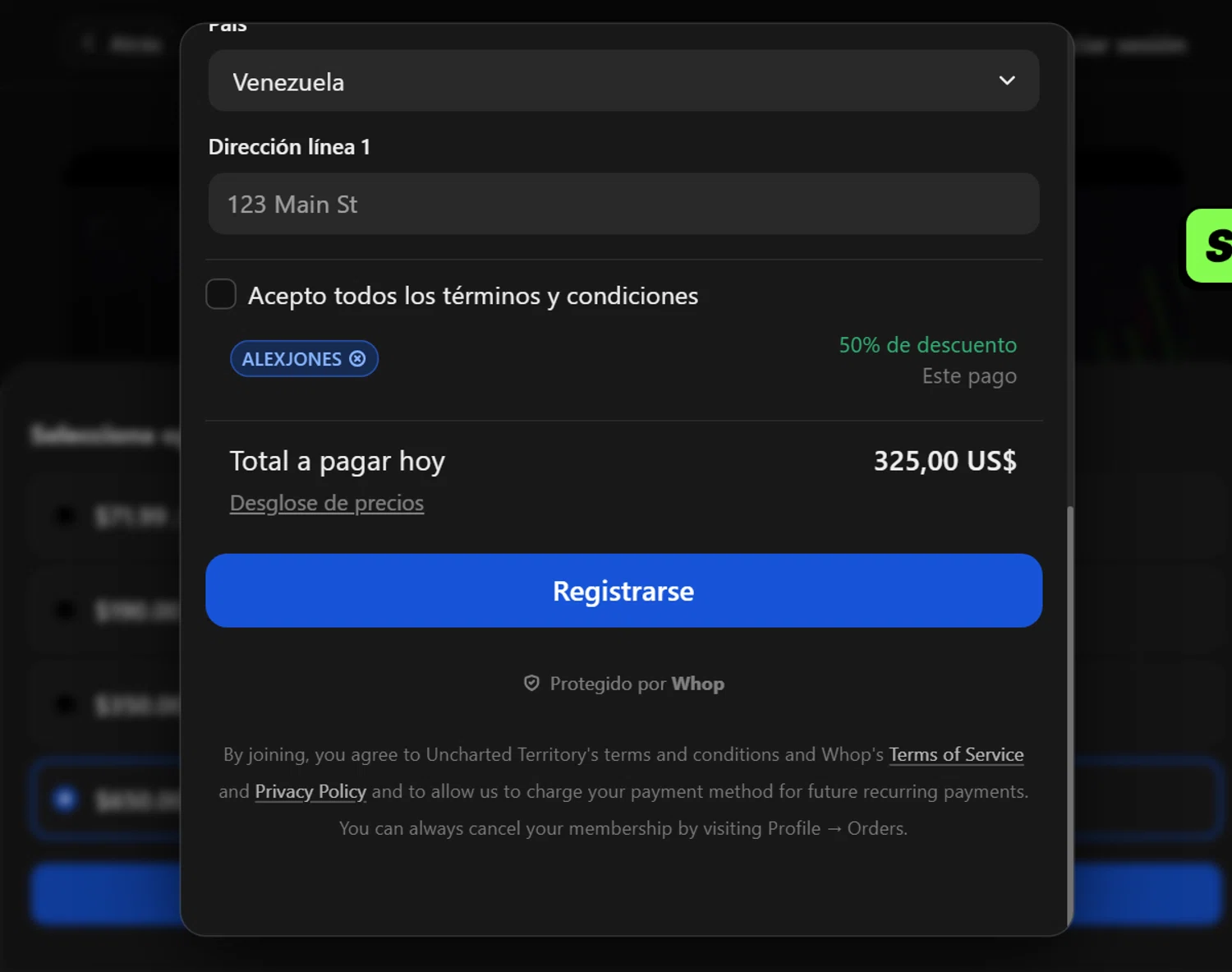 Whop promo code screenshot showing code ALEXJONES applied at Whop checkout page. Uploaded by SimplyCodes community member ValiantLion5897 on Oct 21, 2025