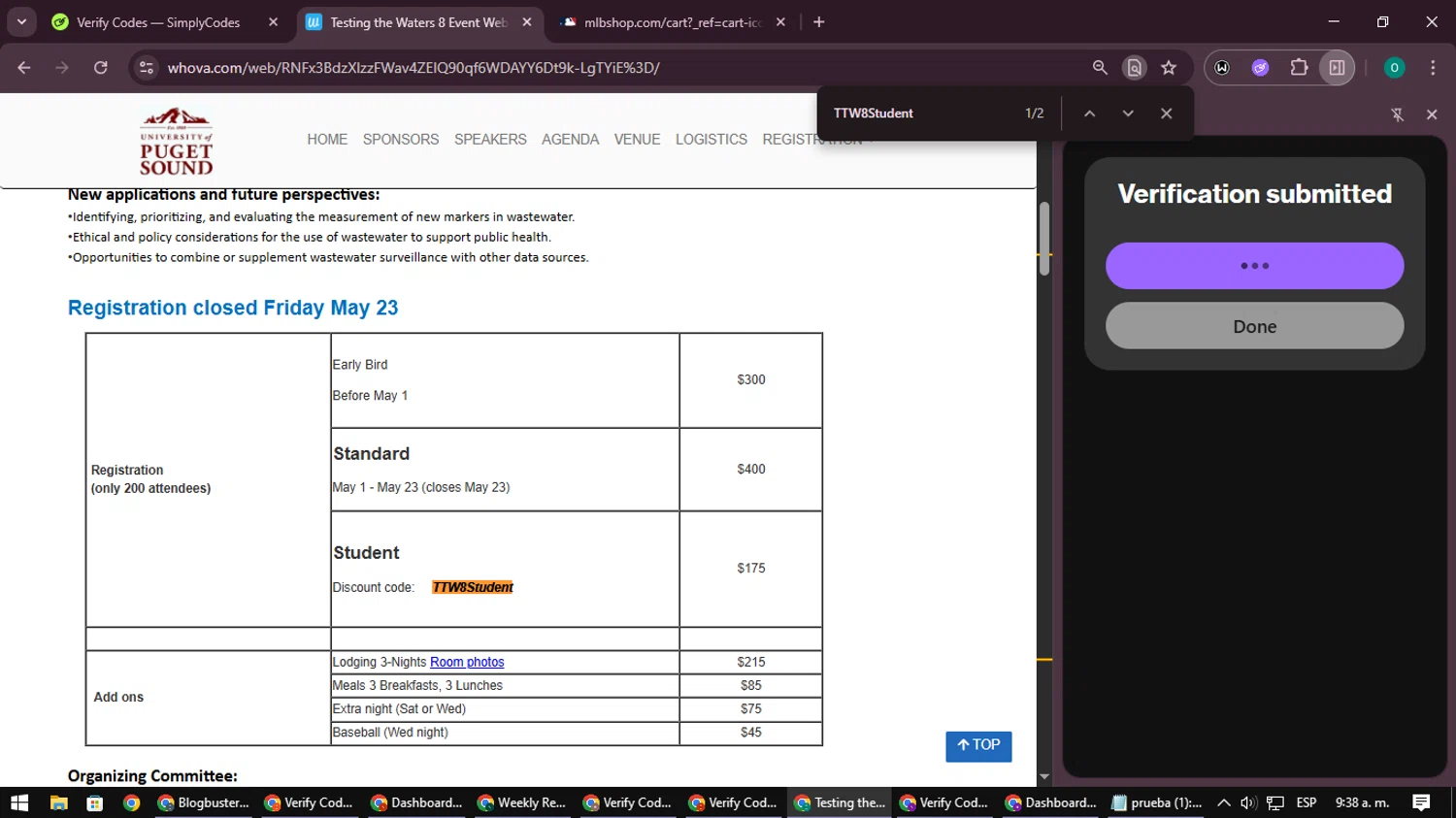 Whova promo code screenshot showing code TTW8Student applied at Whova checkout page. Uploaded by SimplyCodes community member LuckyDefender9428 on Nov 17, 2025