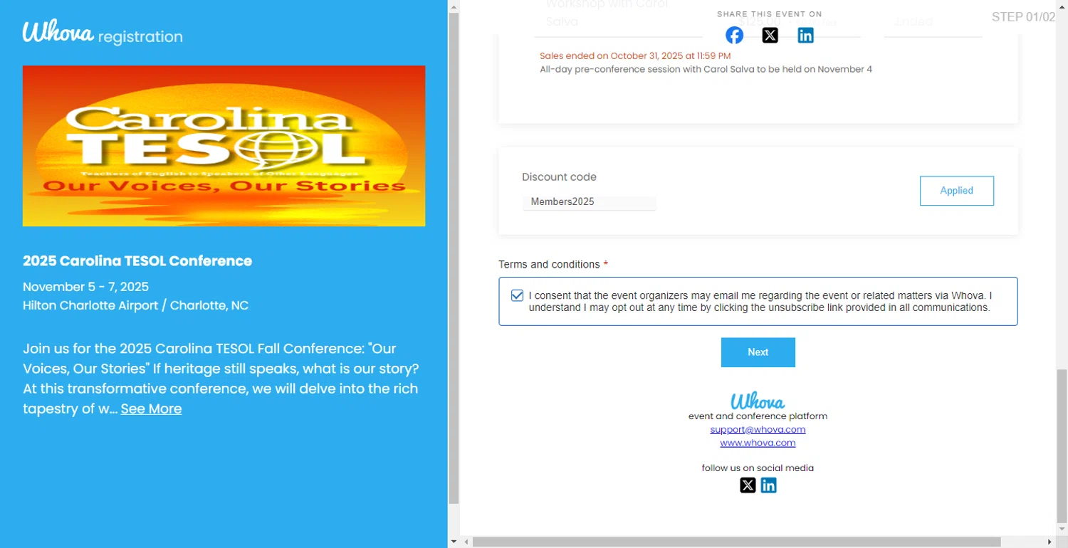 Whova checkout page showing Whova promo code box | Screenshot taken by SimplyCodes community member on Nov 1, 2025