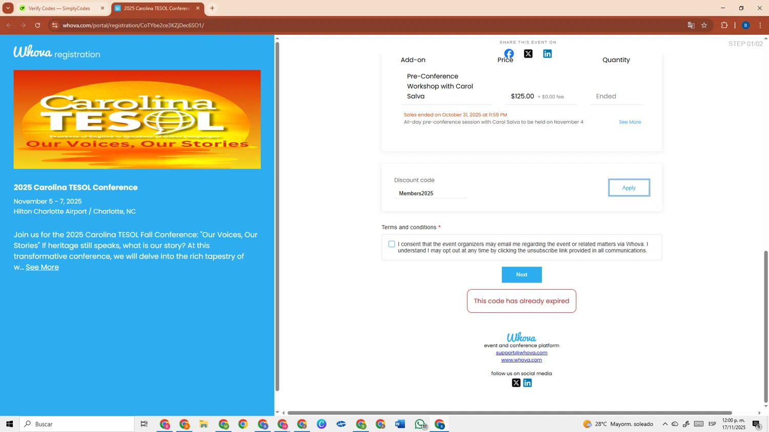 Whova promo code screenshot showing code Members2025 applied at Whova checkout page. Uploaded by SimplyCodes community member DiscountRanger3690 on Nov 17, 2025