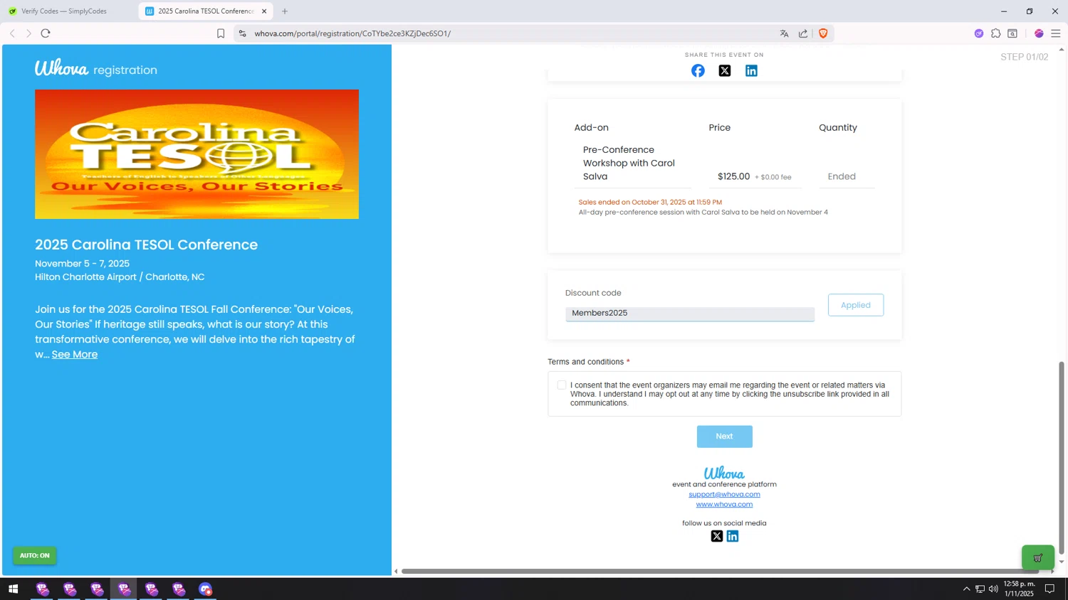 Whova checkout page showing Whova promo code box | Screenshot taken by SimplyCodes community member on Nov 1, 2025