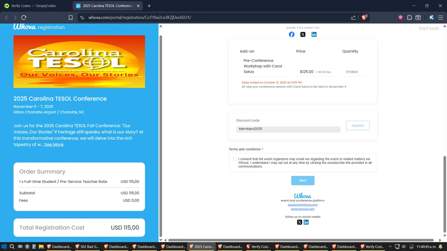 Whova checkout page showing Whova promo code box | Screenshot taken by SimplyCodes community member on Nov 1, 2025