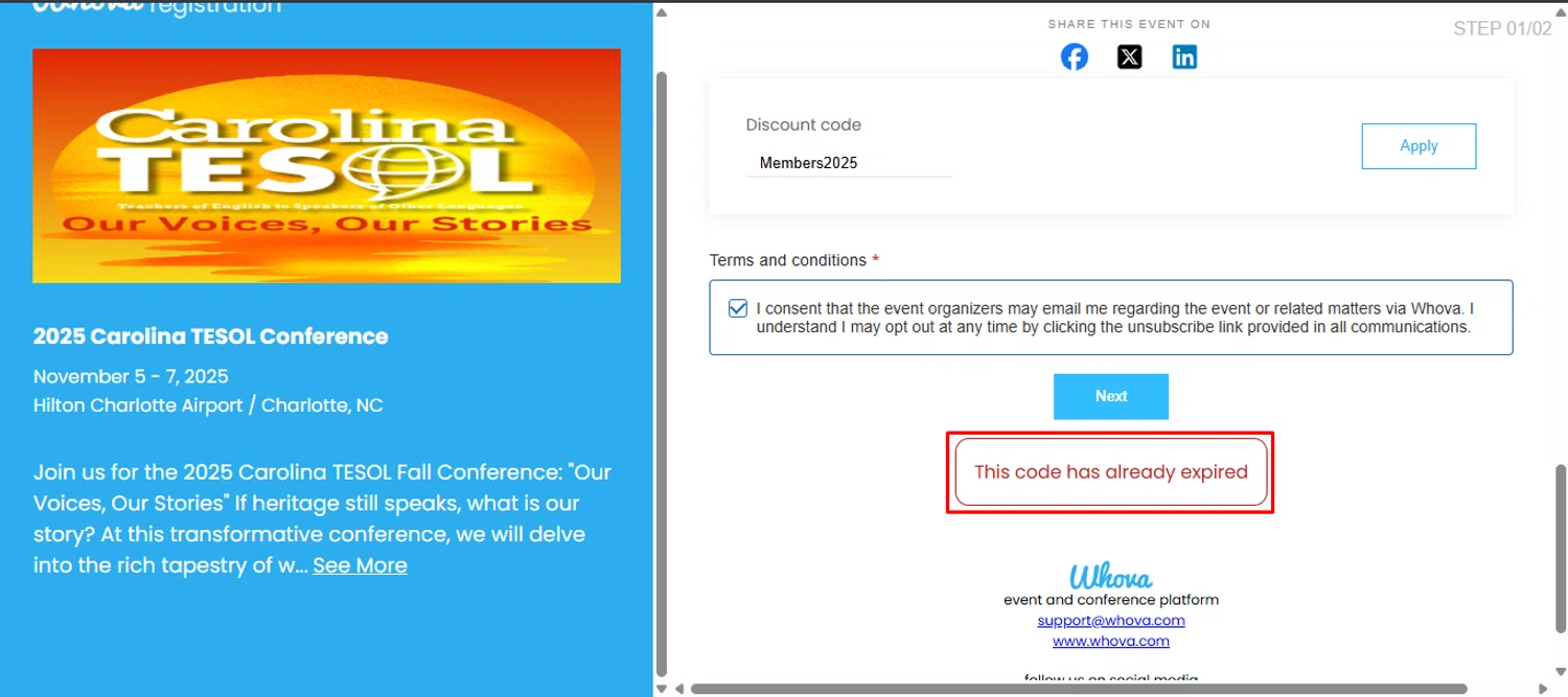 Whova promo code screenshot showing code Members2025 applied at Whova checkout page. Uploaded by SimplyCodes community member noworries on Nov 17, 2025