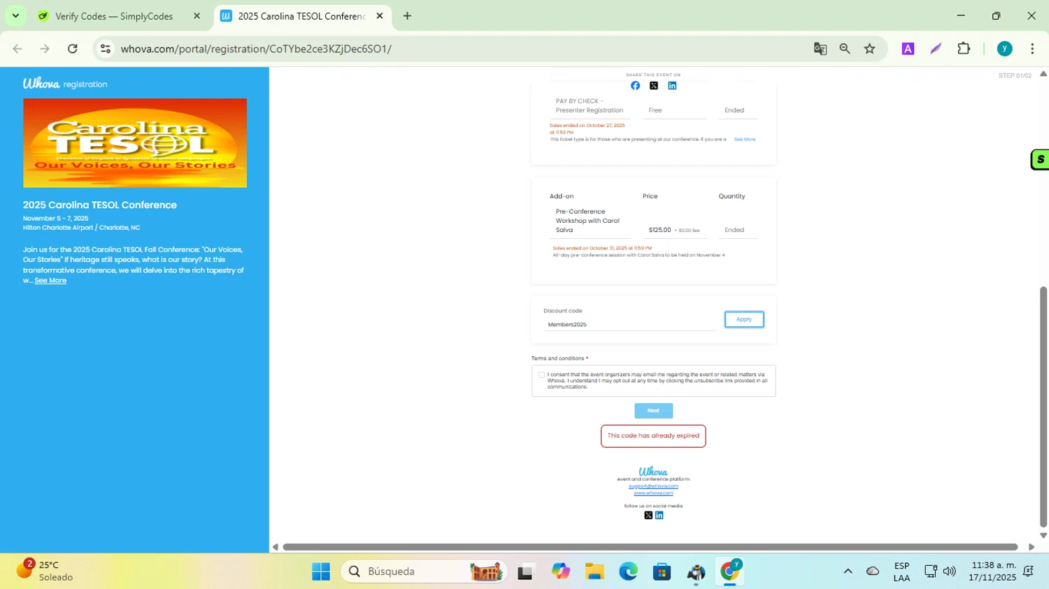 Whova promo code screenshot showing code Members2025 applied at Whova checkout page. Uploaded by SimplyCodes community member yadiracg074 on Nov 17, 2025