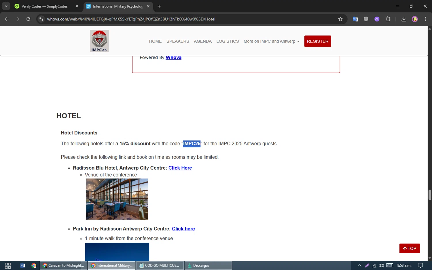 Whova promo code screenshot showing code IMPC25 applied at Whova checkout page. Uploaded by SimplyCodes community member LassoReyes on Sep 4, 2025