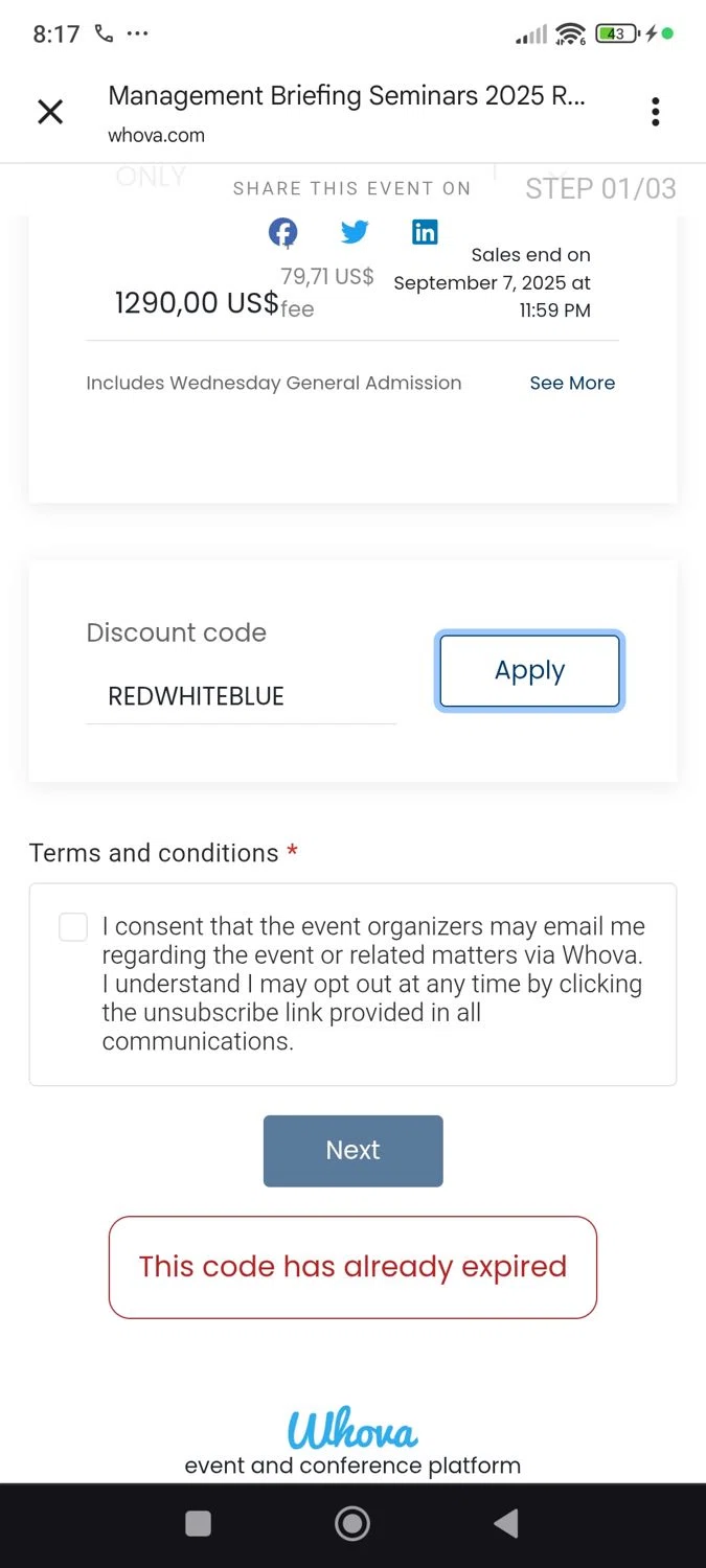 Whova promo code screenshot showing code REDWHITEBLUE applied at Whova checkout page. Uploaded by SimplyCodes community member ShieldWhiz4659 on Jul 17, 2025