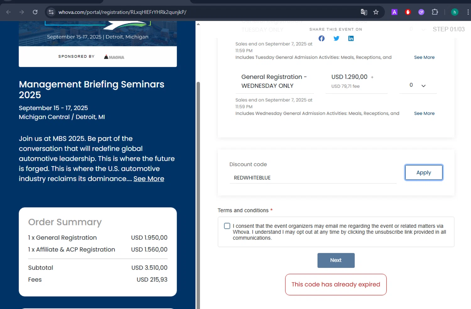 Whova promo code screenshot showing code REDWHITEBLUE applied at Whova checkout page. Uploaded by SimplyCodes community member VictoriousGuardian220 on Jul 17, 2025