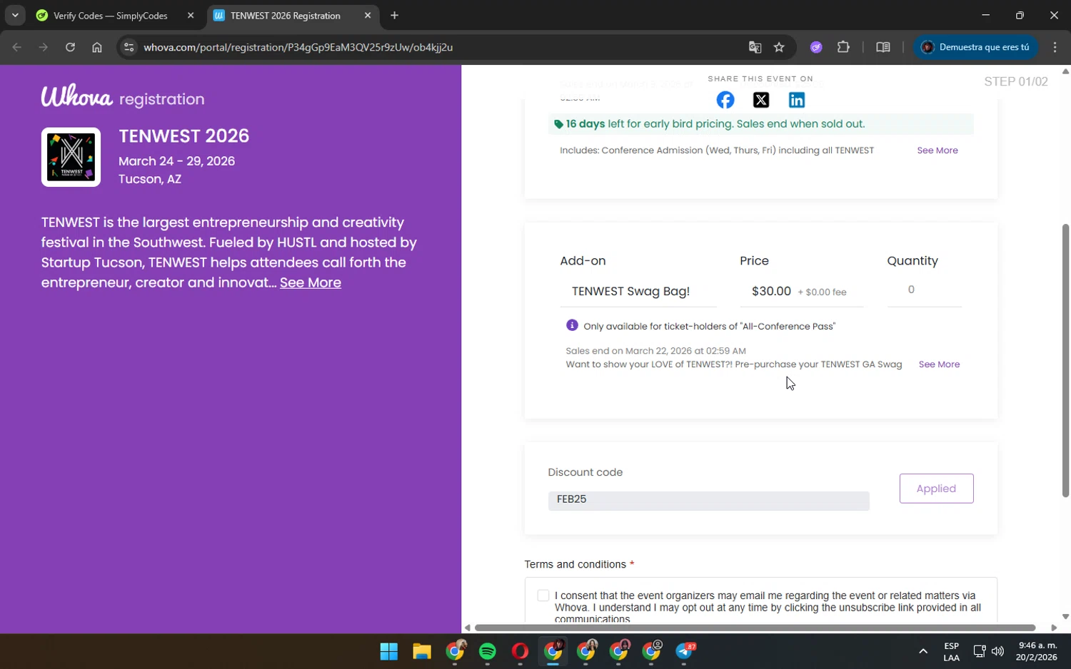 Whova promo code screenshot showing code FEB25 applied at Whova checkout page. Uploaded by SimplyCodes community member AshlyMichell on Feb 20, 2026