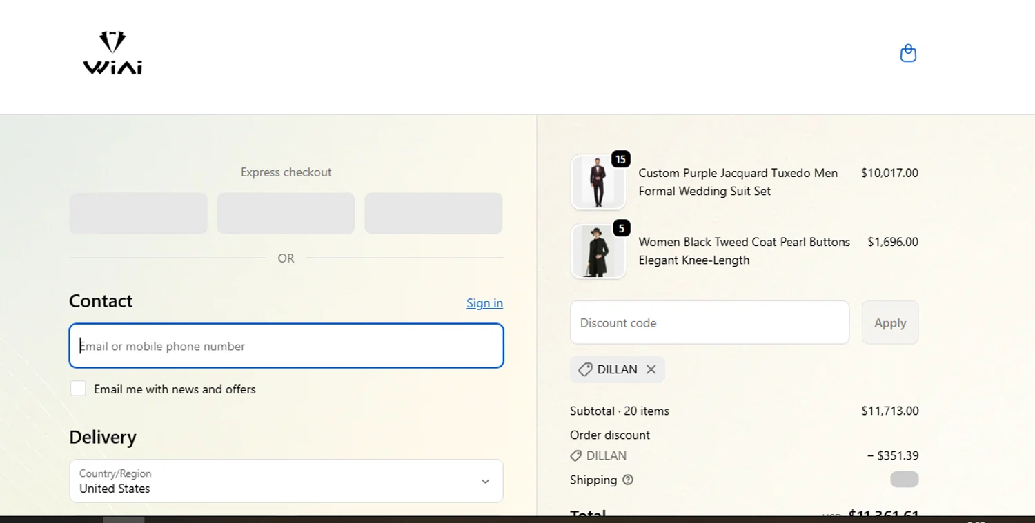 WIAI promo code screenshot showing code dillan applied at WIAI checkout page. Uploaded by SimplyCodes community member WiseLynx1786 on Jan 22, 2026