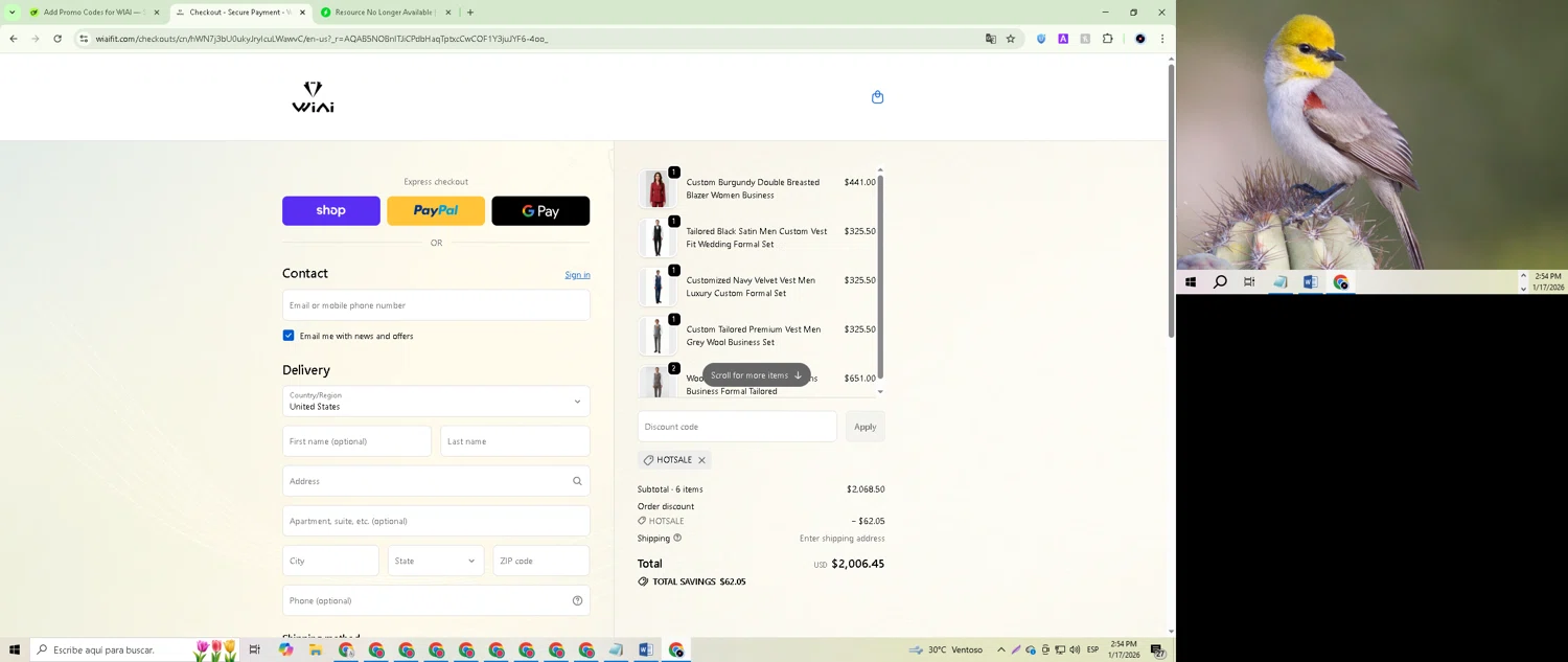 WIAI promo code screenshot showing code HOTSALE applied at WIAI checkout page. Uploaded by SimplyCodes community member james_smith on Jan 17, 2026
