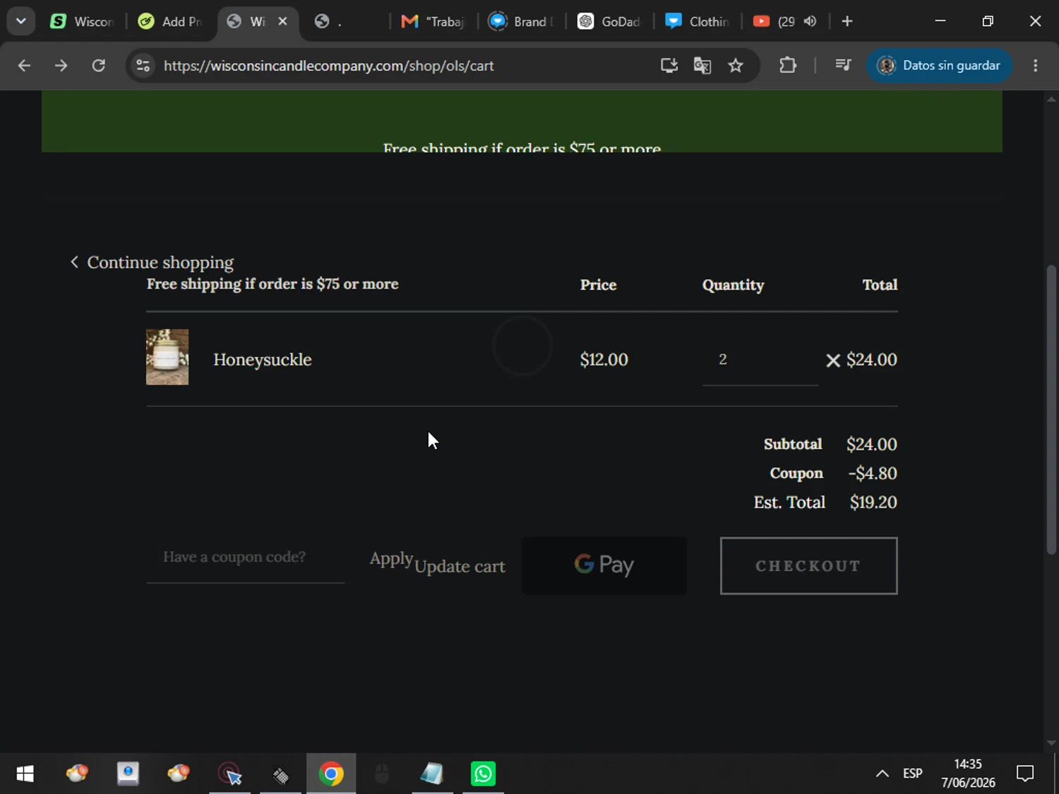 Wisconsin Candle Company promo code screenshot showing code SUMMER20 applied at Wisconsin Candle Company checkout page. Uploaded by SimplyCodes community member MarcosAranguren on Jun 7, 2026
