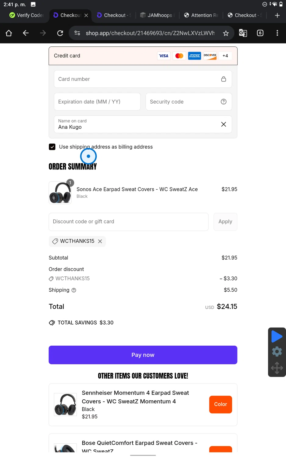 Wicked Cushions discount code screenshot showing code WCTHANKS15 applied at Wicked Cushions checkout page. Uploaded by SimplyCodes community member SmartWhiz9028 on May 9, 2025