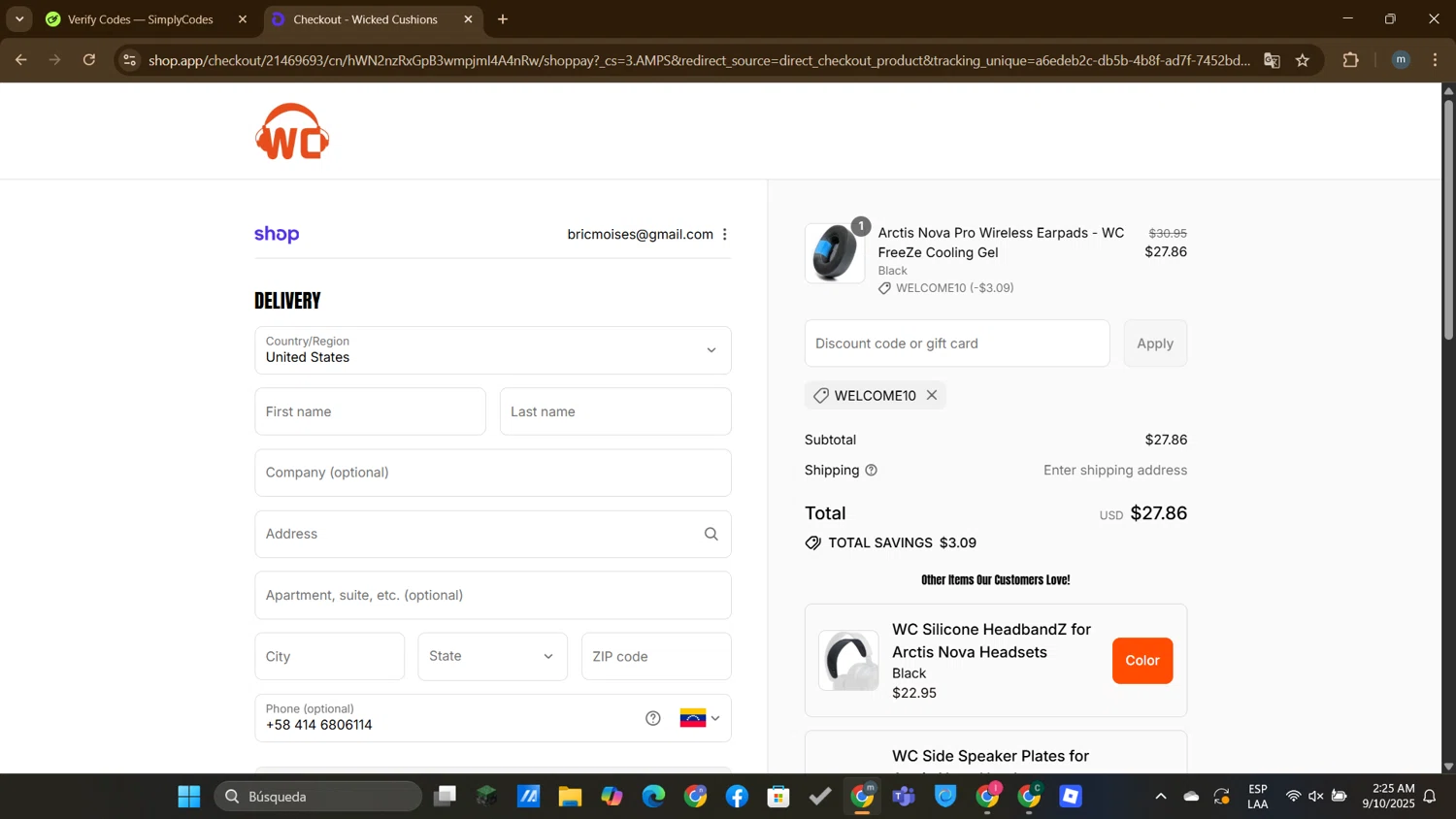 Wicked Cushions discount code screenshot showing code welcome10 applied at Wicked Cushions checkout page. Uploaded by SimplyCodes community member DTBERA2024 on Sep 10, 2025