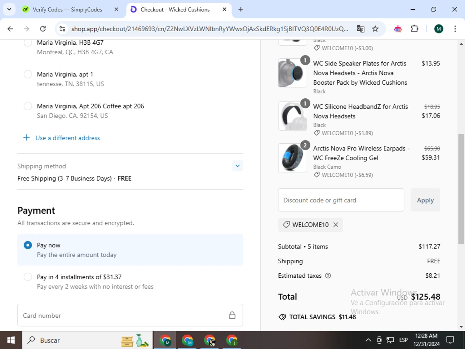 Wicked Cushions discount code screenshot showing code welcome10 applied at Wicked Cushions checkout page. Uploaded by SimplyCodes community member Jorgeluisvera on Dec 31, 2024