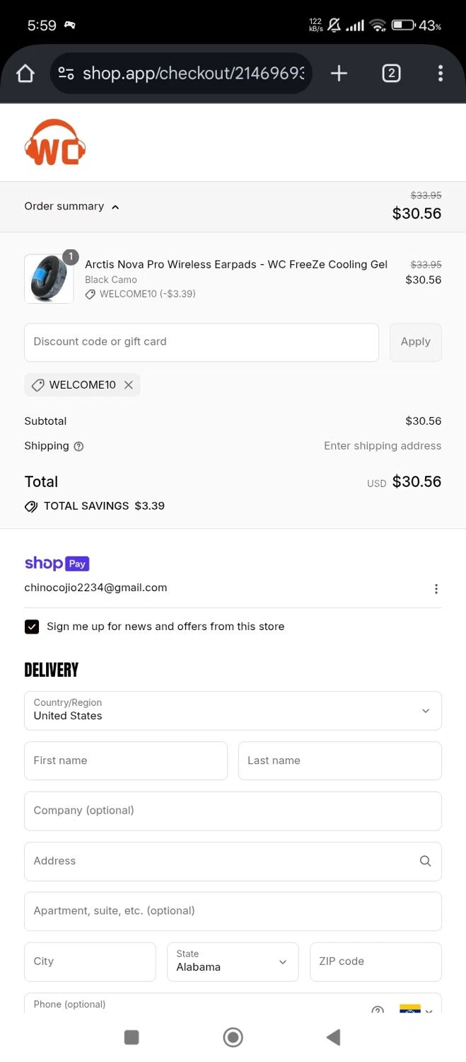 Wicked Cushions discount code screenshot showing code welcome10 applied at Wicked Cushions checkout page. Uploaded by SimplyCodes community member Lhhfhii on Jul 21, 2025