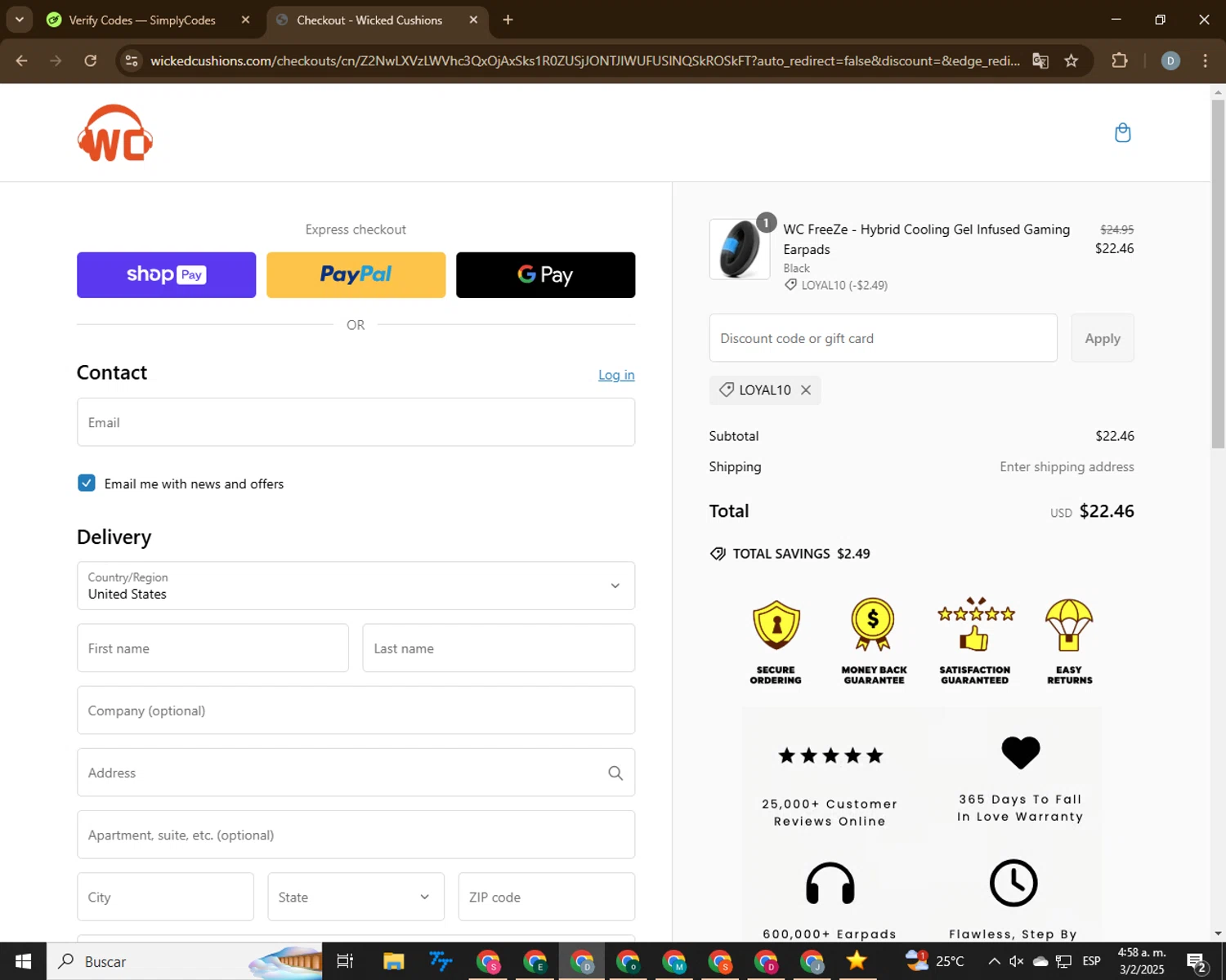 Wicked Cushions discount code screenshot showing code LOYAL10 applied at Wicked Cushions checkout page. Uploaded by SimplyCodes community member CodeVoyager5621 on Feb 3, 2025