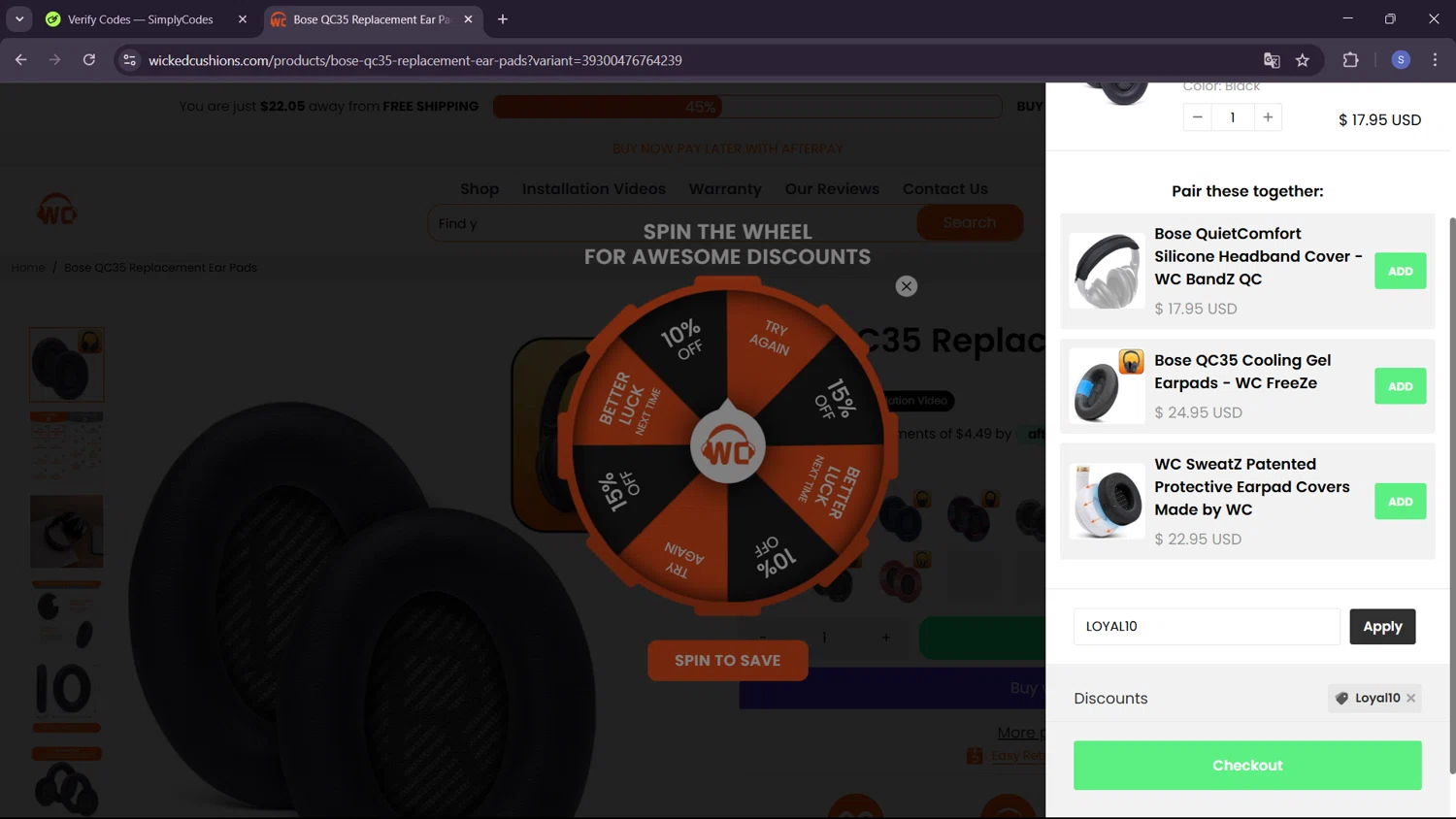 Wicked Cushions discount code screenshot showing code LOYAL10 applied at Wicked Cushions checkout page. Uploaded by SimplyCodes community member ExtraordinaryWhiz4519 on Feb 20, 2025
