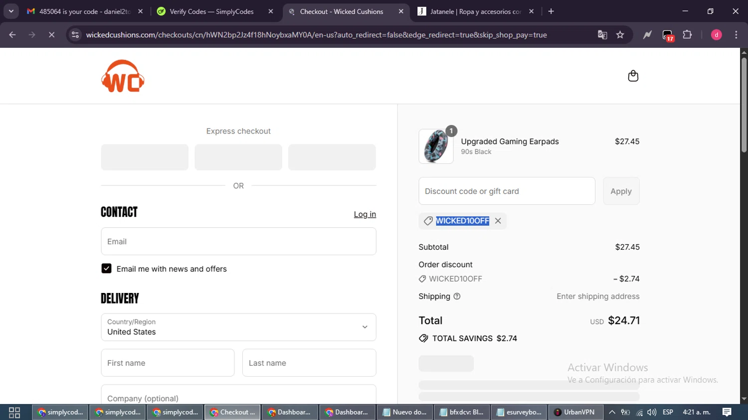Wicked Cushions discount code screenshot showing code WICKED10OFF applied at Wicked Cushions checkout page. Uploaded by SimplyCodes community member MagnificentSpotter4236 on Sep 5, 2025