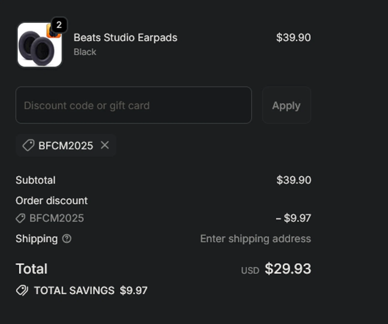 Wicked Cushions discount code screenshot showing code BFCM2025 applied at Wicked Cushions checkout page. Uploaded by SimplyCodes community member xocelot44x on Nov 28, 2025