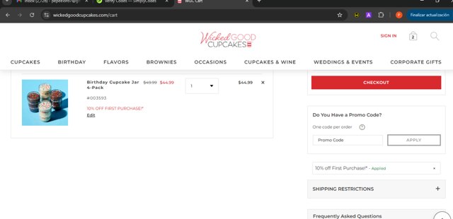 Wicked Good Cupcake checkout page showing Wicked Good Cupcake promo code box | Screenshot taken by SimplyCodes community member on Jun 24, 2025