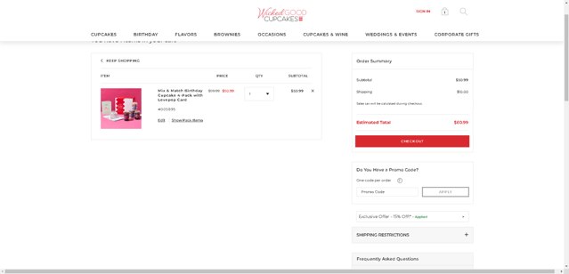 Wicked Good Cupcake checkout page showing Wicked Good Cupcake promo code box | Screenshot taken by SimplyCodes community member on Aug 27, 2025