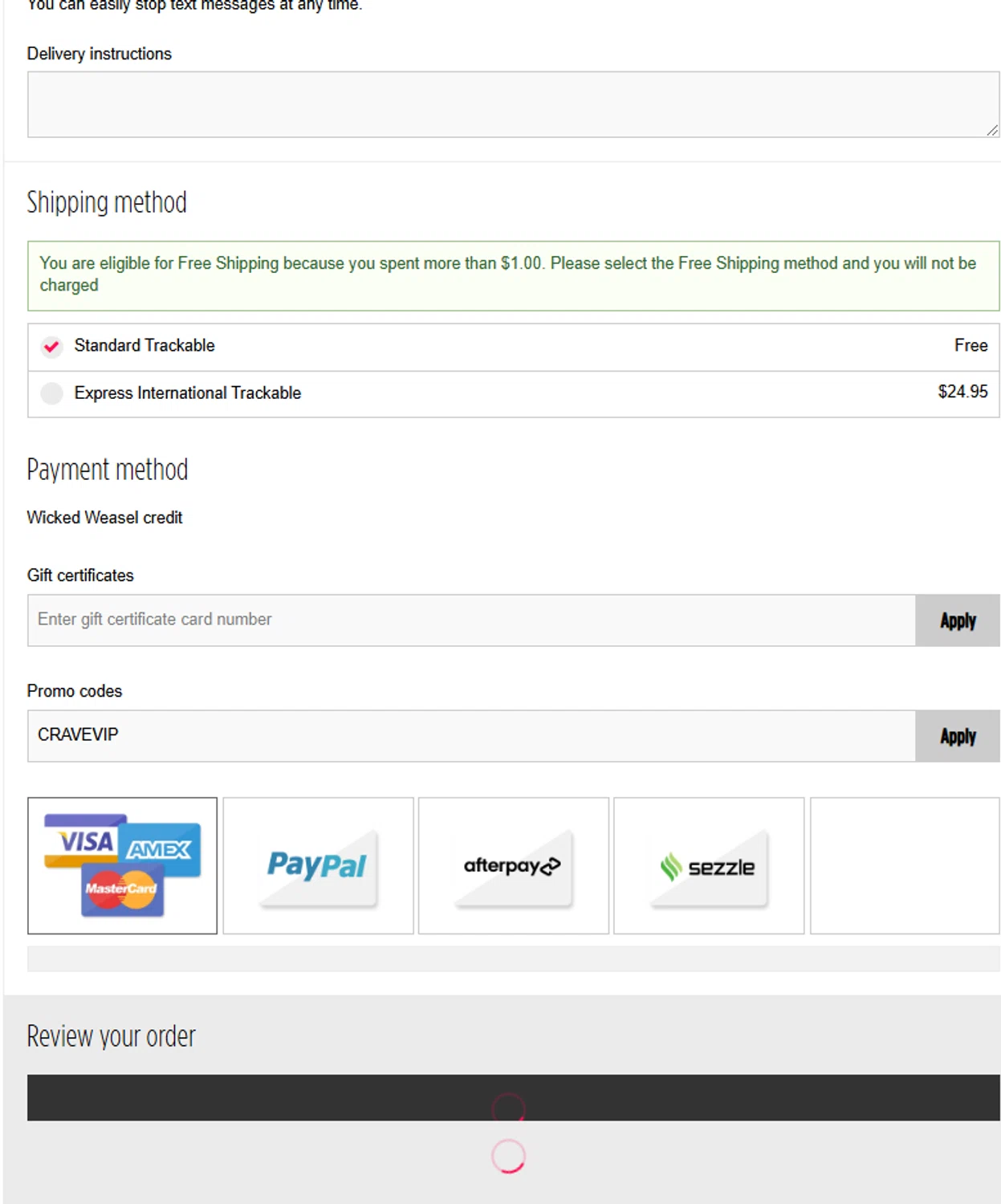 Wicked Weasel checkout page showing Wicked Weasel coupon code box | Screenshot taken by SimplyCodes community member on Dec 4, 2024