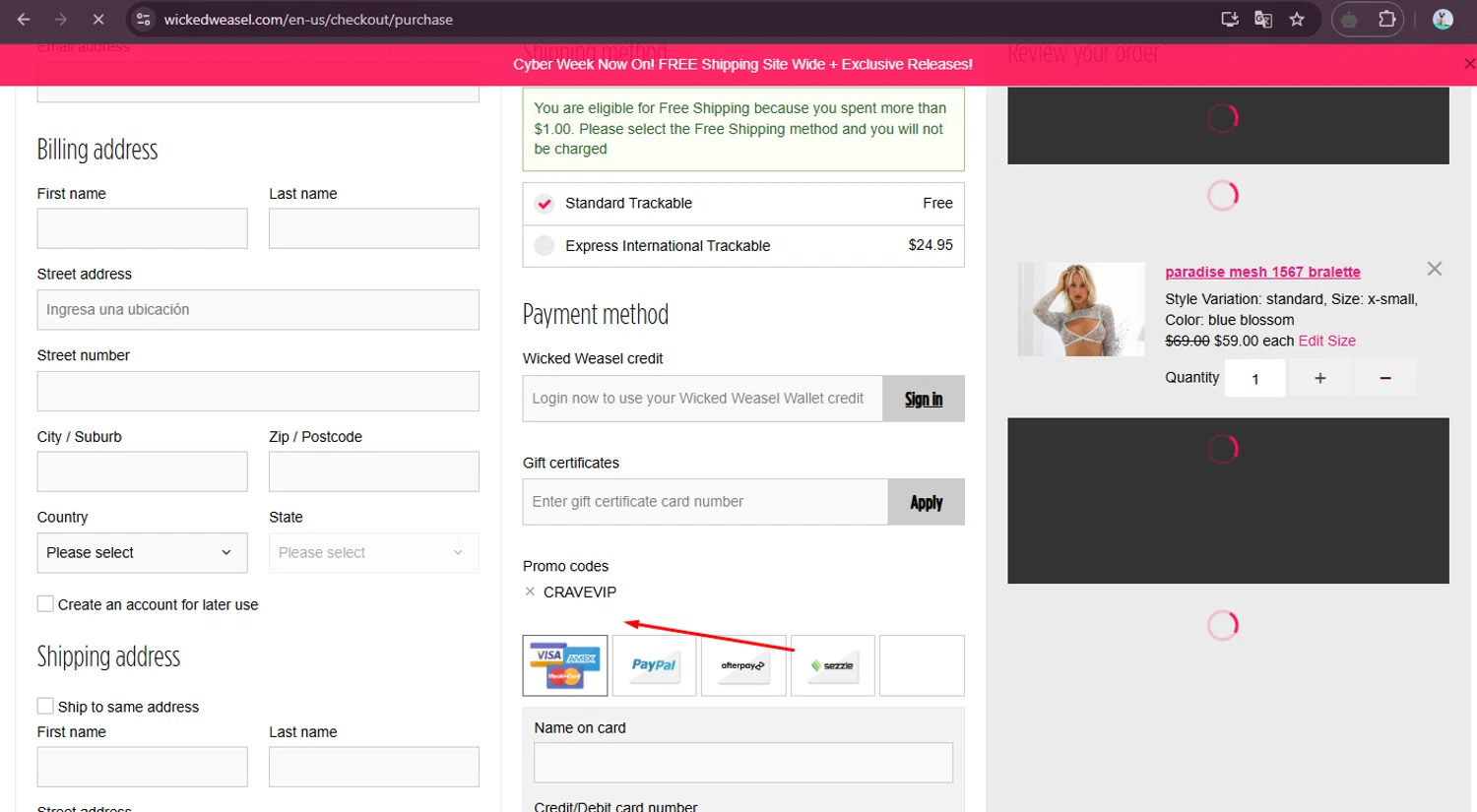 Wicked Weasel checkout page showing Wicked Weasel coupon code box | Screenshot taken by SimplyCodes community member on Dec 4, 2024