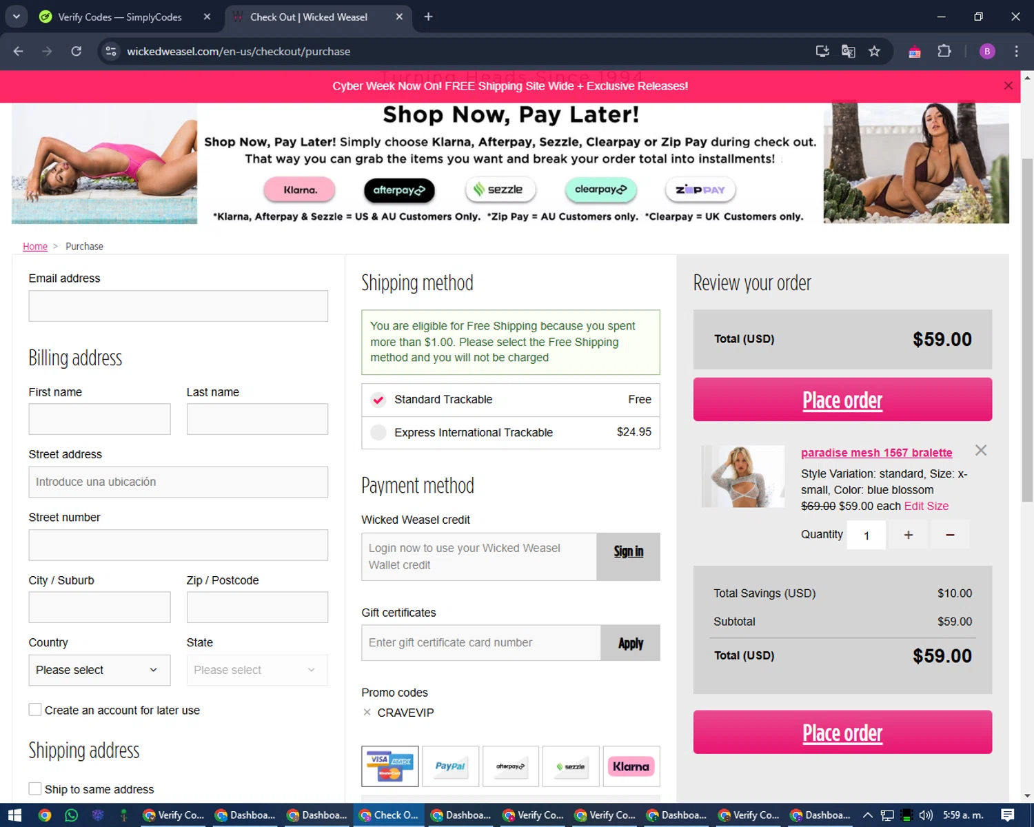 Wicked Weasel checkout page showing Wicked Weasel coupon code box | Screenshot taken by SimplyCodes community member on Dec 4, 2024