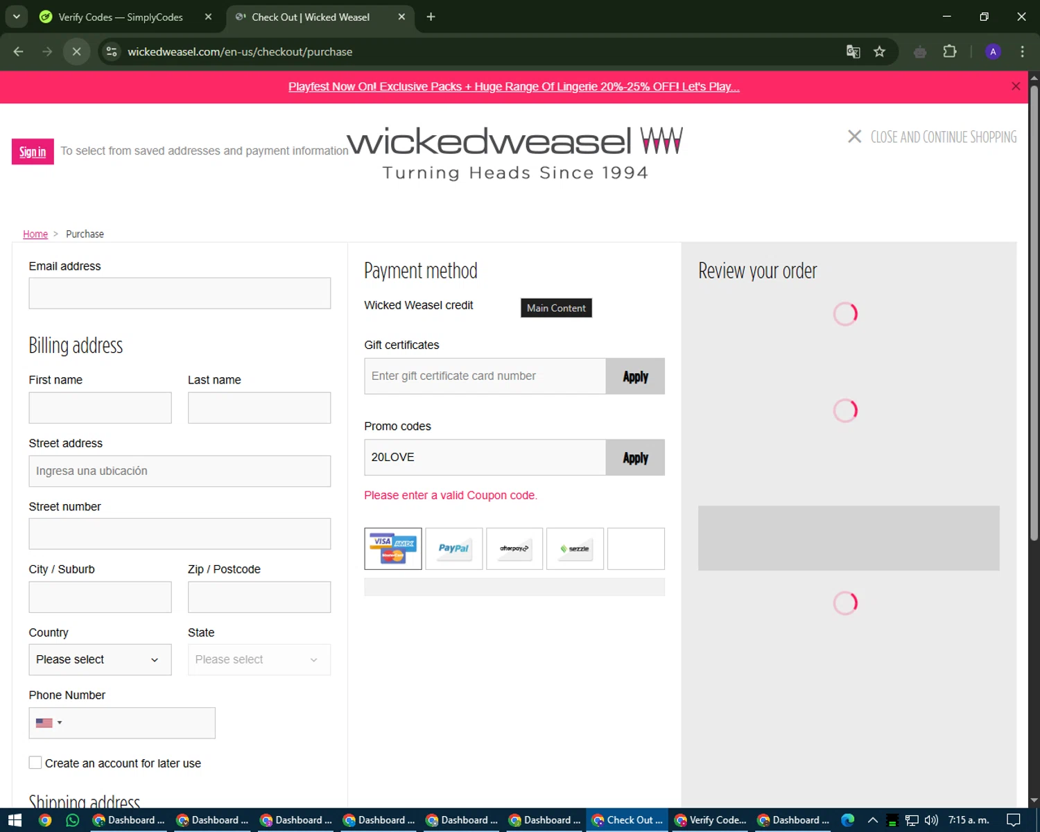 Wicked Weasel coupon code screenshot showing code 20LOVE applied at Wicked Weasel checkout page. Uploaded by SimplyCodes community member MagnificentWarden4603 on Apr 24, 2025