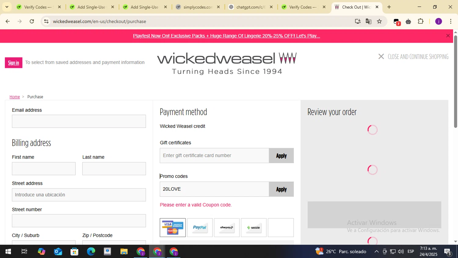 Wicked Weasel coupon code screenshot showing code 20LOVE applied at Wicked Weasel checkout page. Uploaded by SimplyCodes community member MagnificentWizard8353 on Apr 24, 2025