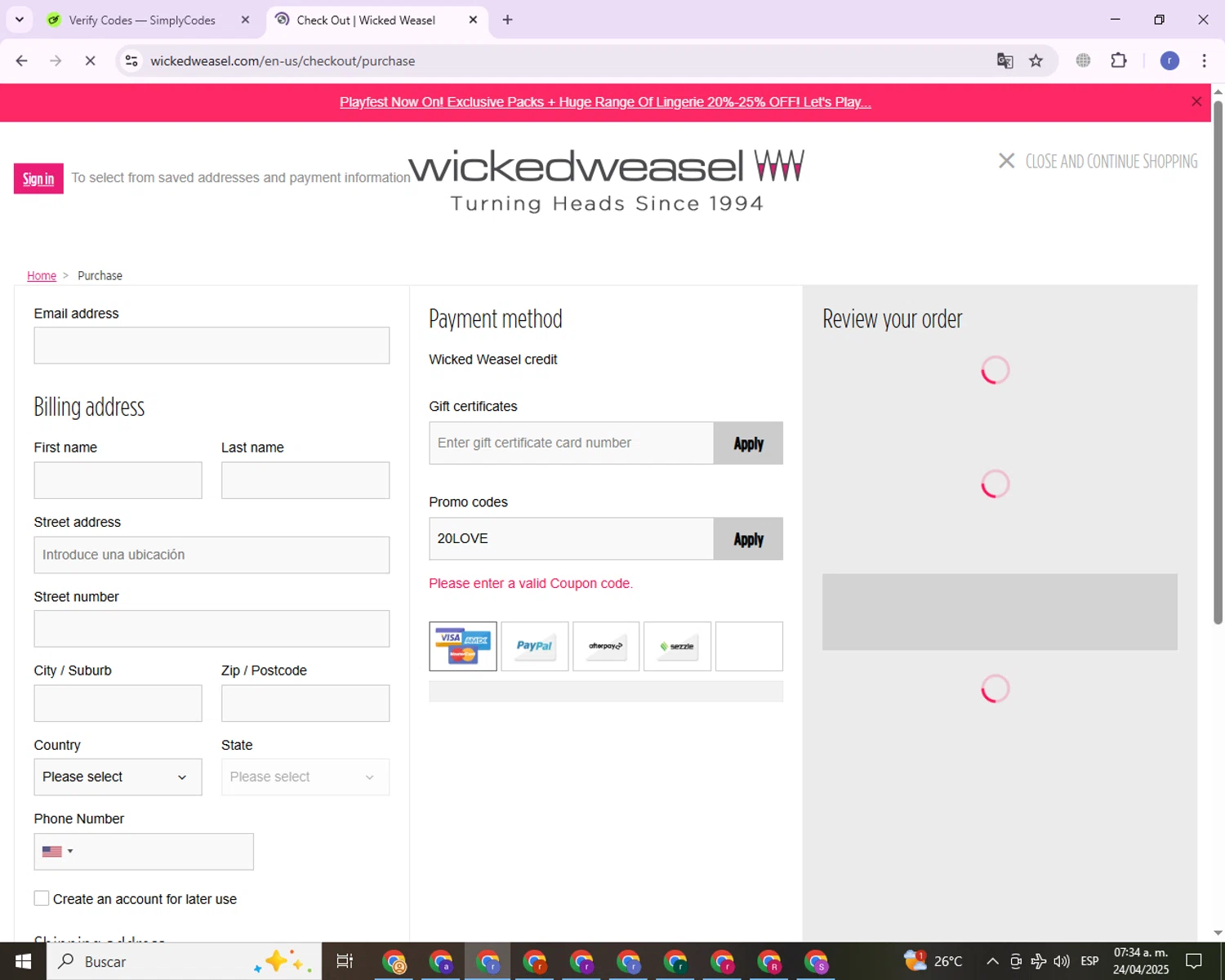 Wicked Weasel coupon code screenshot showing code 20LOVE applied at Wicked Weasel checkout page. Uploaded by SimplyCodes community member QuestLion3125 on Apr 24, 2025