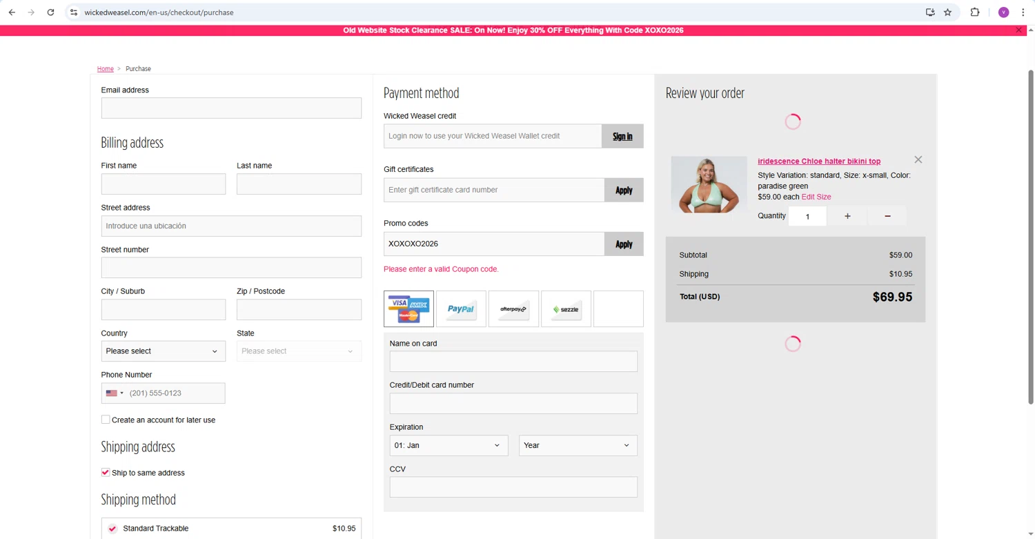 Wicked Weasel coupon code screenshot showing code XOXOXO2026 applied at Wicked Weasel checkout page. Uploaded by SimplyCodes community member artritis on Dec 29, 2025