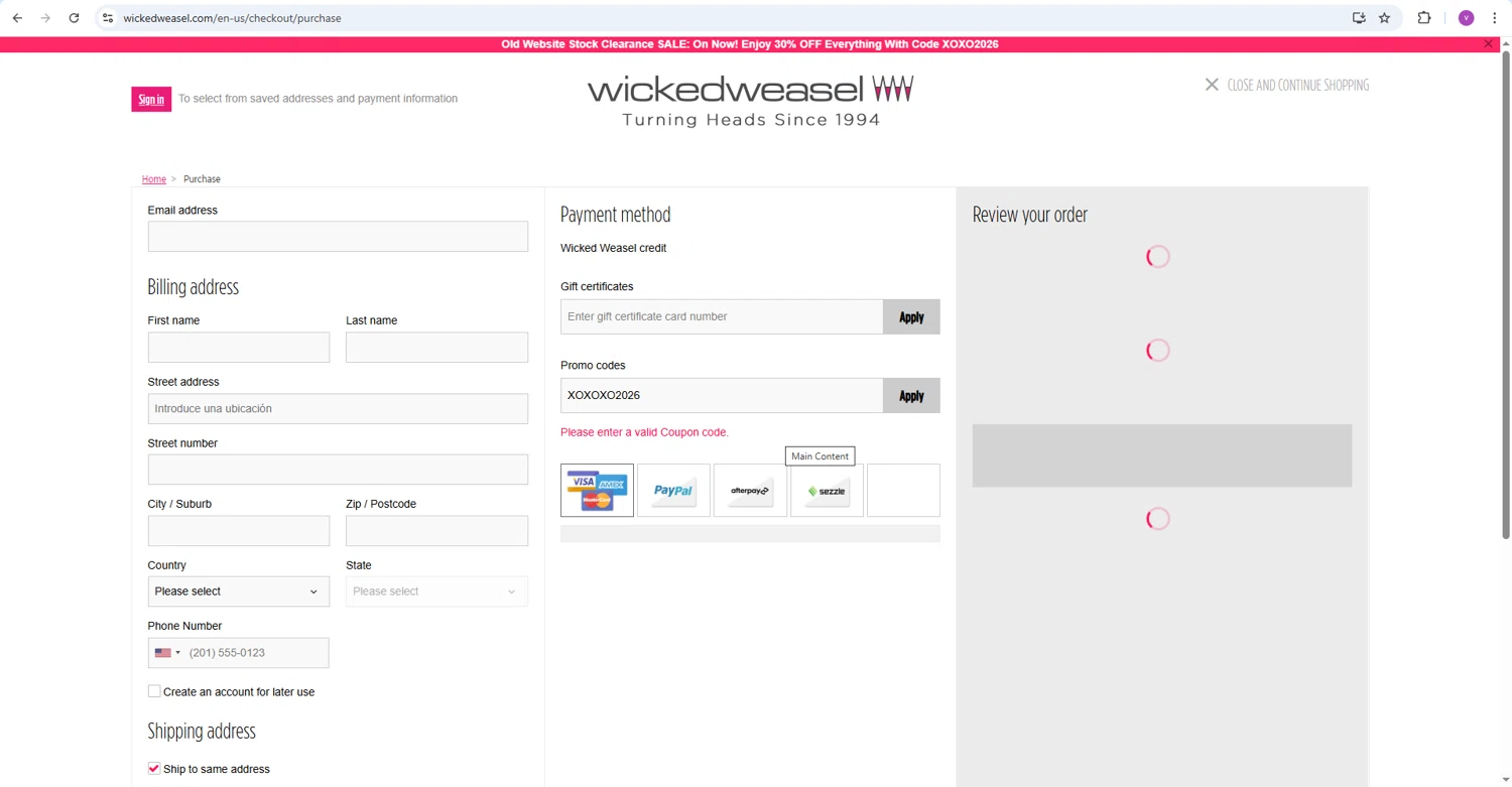 Wicked Weasel coupon code screenshot showing code XOXOXO2026 applied at Wicked Weasel checkout page. Uploaded by SimplyCodes community member kaiserser on Dec 29, 2025