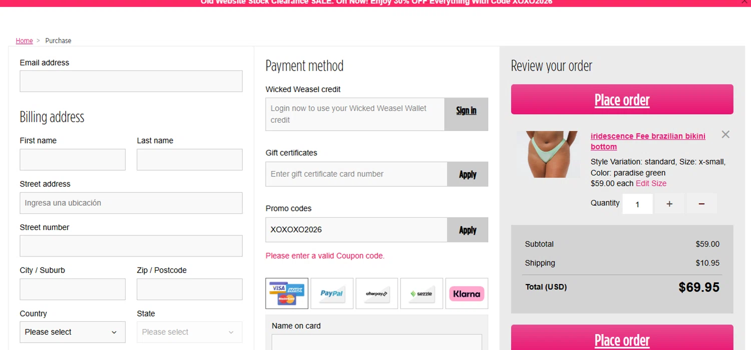 Wicked Weasel coupon code screenshot showing code XOXOXO2026 applied at Wicked Weasel checkout page. Uploaded by SimplyCodes community member xHRxUltrax on Dec 29, 2025