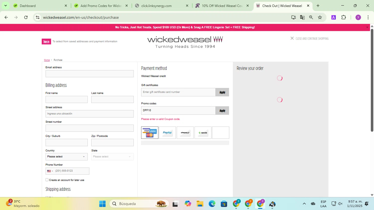 Wicked Weasel coupon code screenshot showing code DPF10 applied at Wicked Weasel checkout page. Uploaded by SimplyCodes community member yadicg054 on Nov 1, 2025