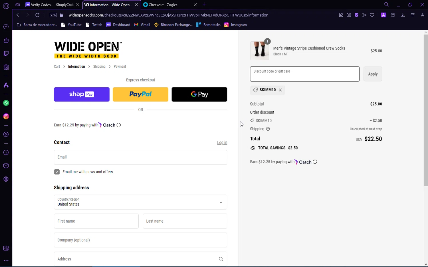 Wide Open Socks checkout page showing Wide Open Socks discount code box | Screenshot taken by SimplyCodes community member on Mar 5, 2024