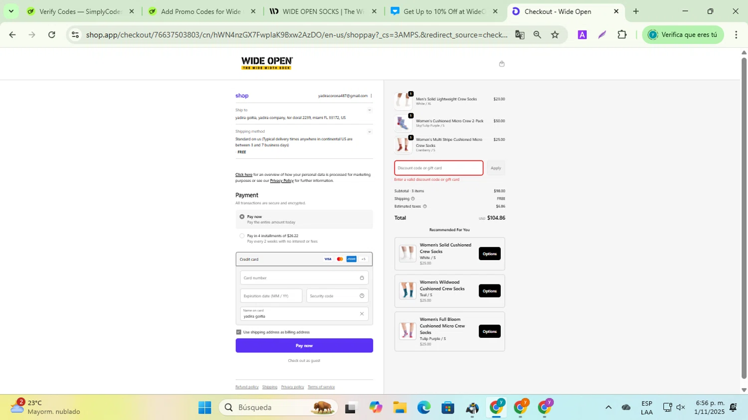 Wide Open Socks discount code screenshot showing code SKIMM10 applied at Wide Open Socks checkout page. Uploaded by SimplyCodes community member ycg487 on Nov 1, 2025