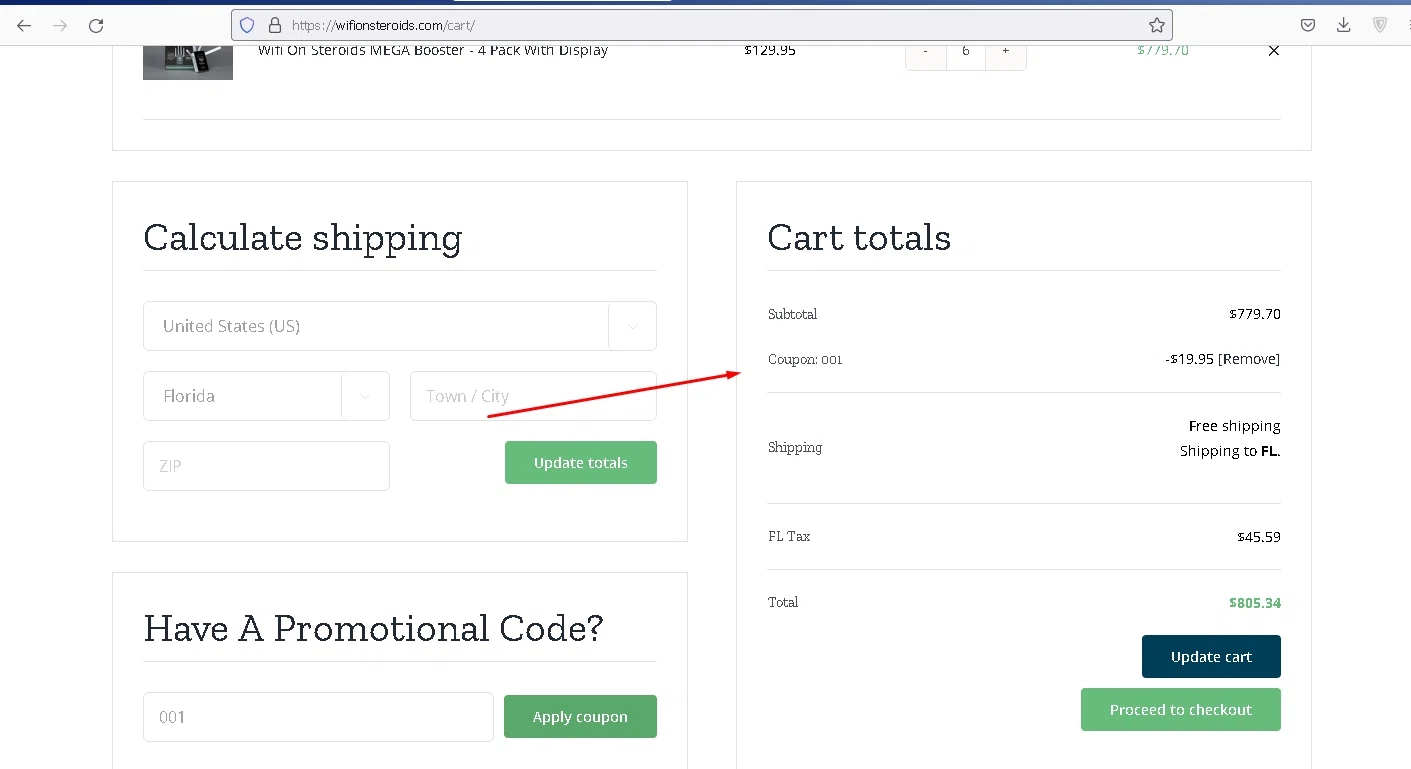 Wifi on Steroids checkout page showing Wifi on Steroids promo code box | Screenshot taken by SimplyCodes community member on Aug 4, 2021