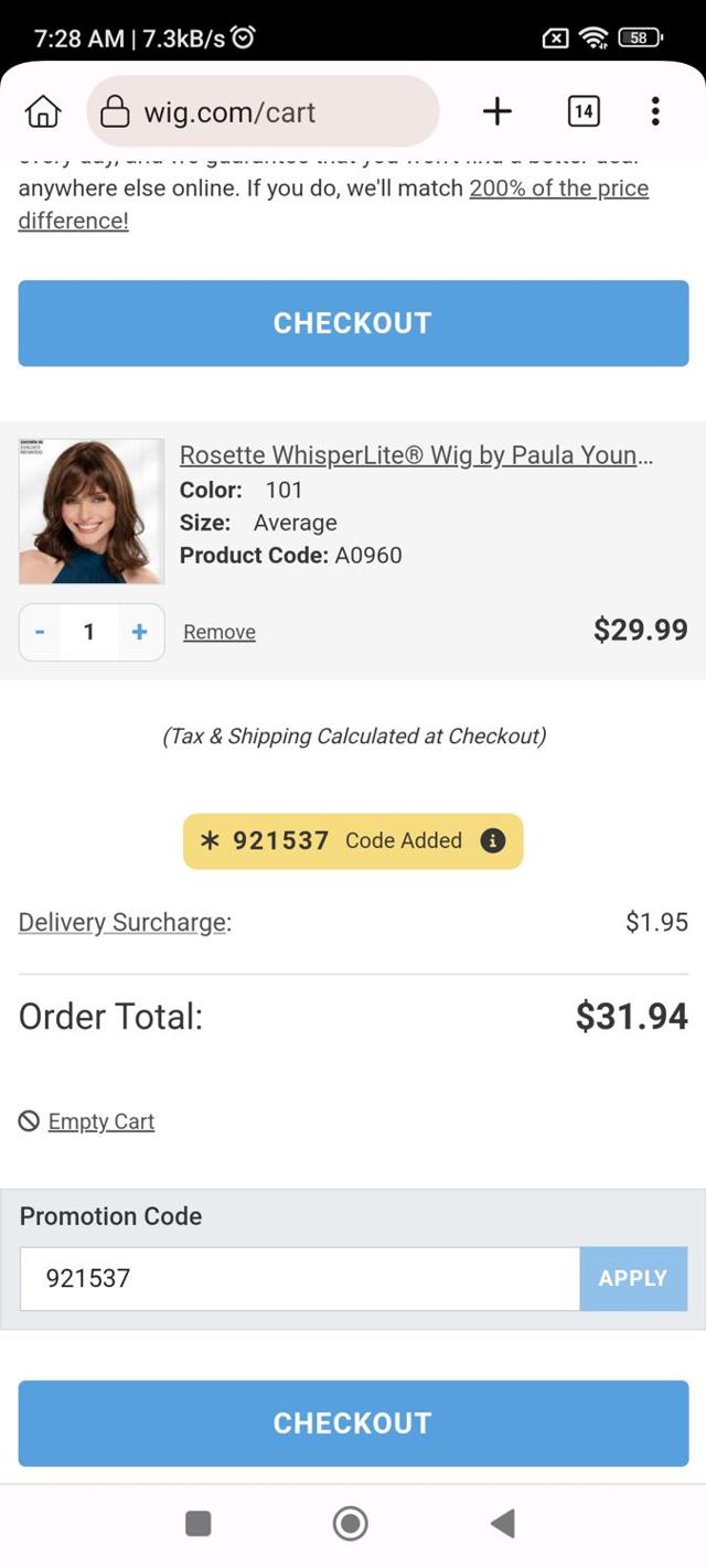 Wig.com checkout page showing Wig.com promo code box | Screenshot taken by SimplyCodes community member on Jun 27, 2024